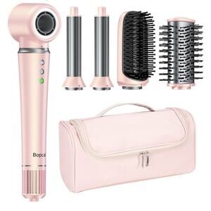 Bopcal 5-in-1 Air Wrap Hair Styler w/ Travel Bag, Pink Curler Dryer Straightener